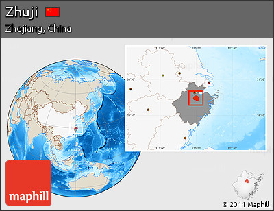 Shaded Relief Location Map of Zhuji, highlighted country, highlighted parent region