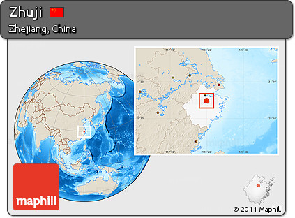 Shaded Relief Location Map of Zhuji, highlighted parent region