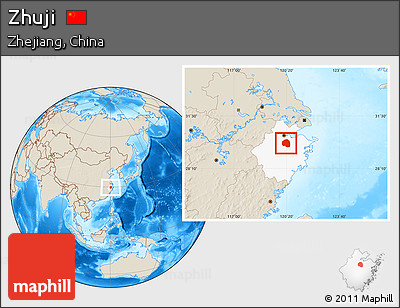 Shaded Relief Location Map of Zhuji, highlighted parent region