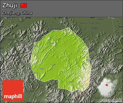 Physical Map of Zhuji, darken, semi-desaturated