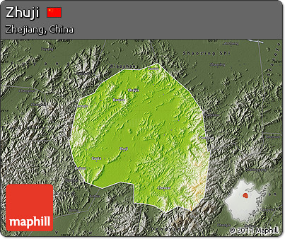 Physical Map of Zhuji, darken, semi-desaturated
