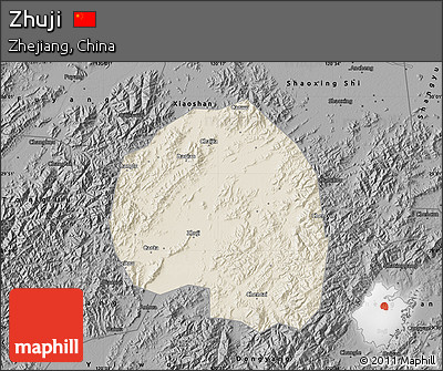 Shaded Relief Map of Zhuji, darken, desaturated