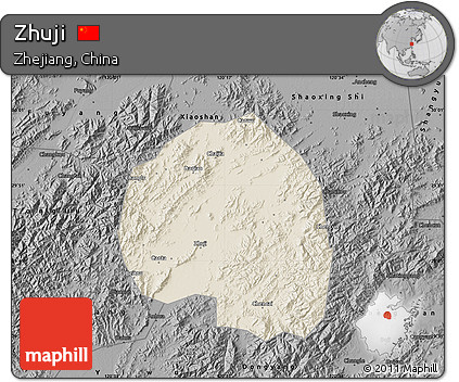 Shaded Relief Map of Zhuji, darken, desaturated