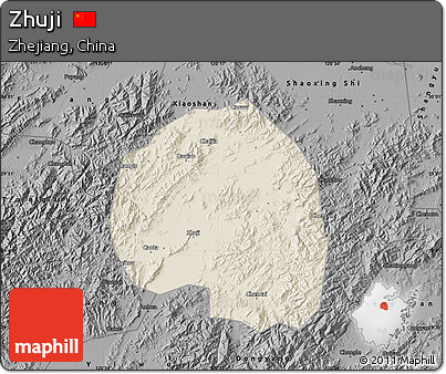 Shaded Relief Map of Zhuji, darken, desaturated