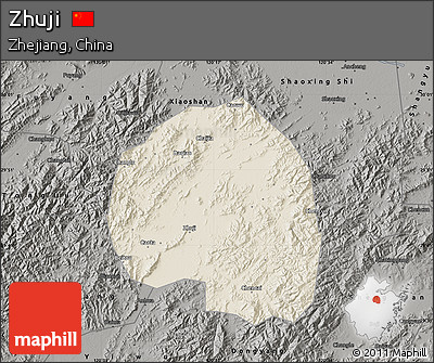 Shaded Relief Map of Zhuji, darken, semi-desaturated