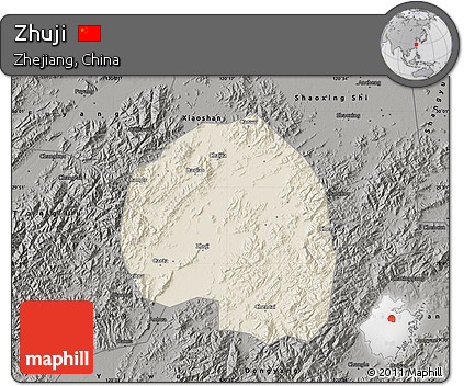 Shaded Relief Map of Zhuji, darken, semi-desaturated