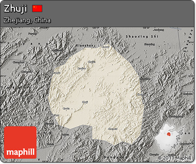 Shaded Relief Map of Zhuji, darken, semi-desaturated