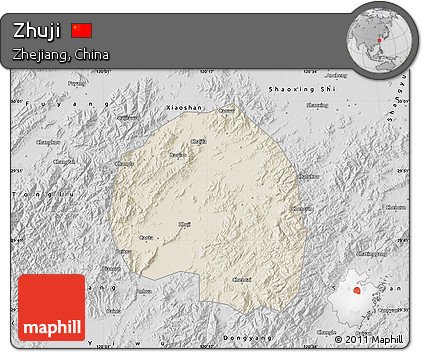 Shaded Relief Map of Zhuji, desaturated