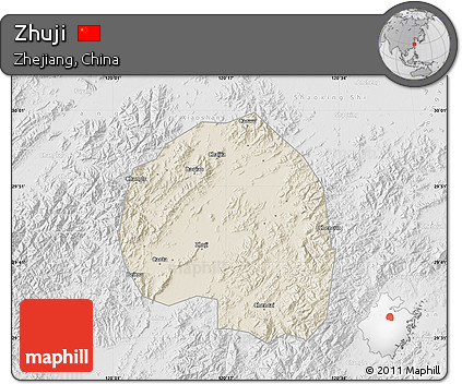 Shaded Relief Map of Zhuji, lighten, desaturated