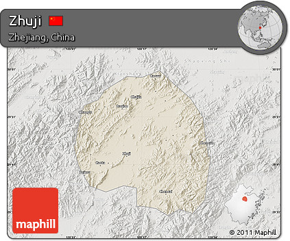 Shaded Relief Map of Zhuji, lighten, semi-desaturated