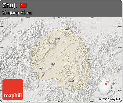 Shaded Relief Map of Zhuji, lighten, semi-desaturated