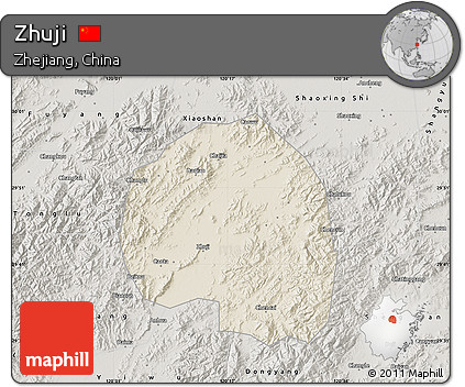 Shaded Relief Map of Zhuji, semi-desaturated