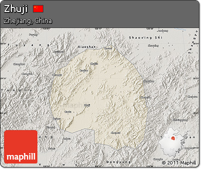 Shaded Relief Map of Zhuji, semi-desaturated