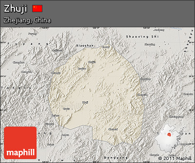 Shaded Relief Map of Zhuji, semi-desaturated
