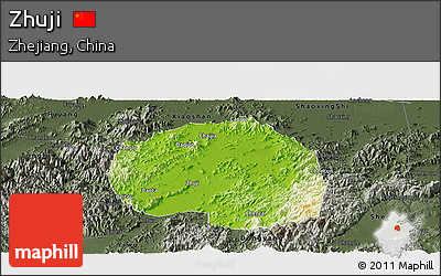 Physical Panoramic Map of Zhuji, darken, semi-desaturated