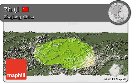 Physical Panoramic Map of Zhuji, darken, semi-desaturated