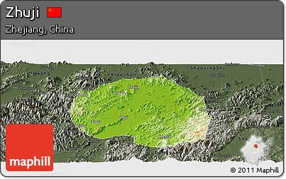 Physical Panoramic Map of Zhuji, darken, semi-desaturated