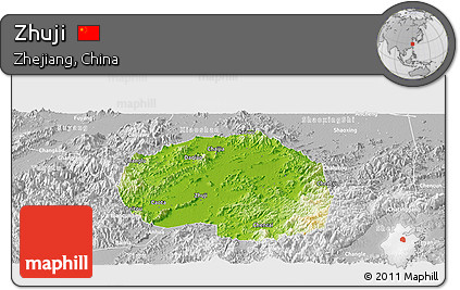 Physical Panoramic Map of Zhuji, lighten, desaturated