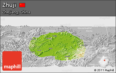 Physical Panoramic Map of Zhuji, lighten, desaturated