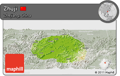 Physical Panoramic Map of Zhuji, lighten, semi-desaturated