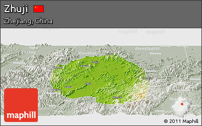 Physical Panoramic Map of Zhuji, lighten, semi-desaturated