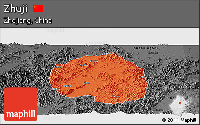 Political Panoramic Map of Zhuji, darken, desaturated
