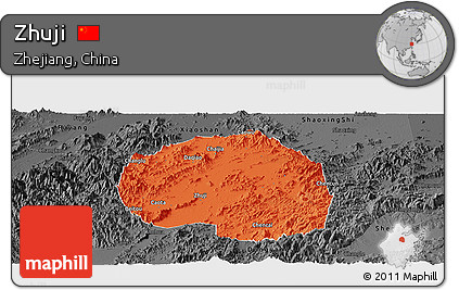 Political Panoramic Map of Zhuji, darken, desaturated