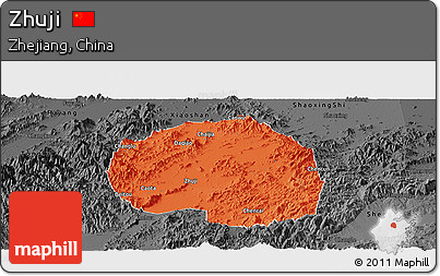 Political Panoramic Map of Zhuji, darken, desaturated
