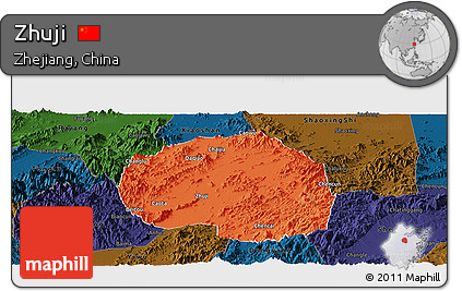 Political Panoramic Map of Zhuji, darken