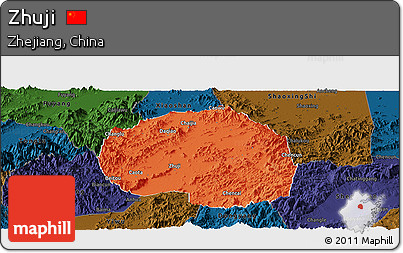 Political Panoramic Map of Zhuji, darken