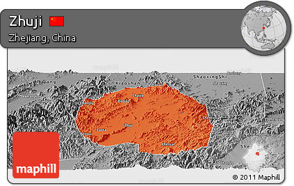 Political Panoramic Map of Zhuji, desaturated