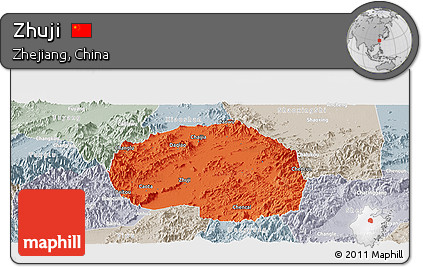 Political Panoramic Map of Zhuji, lighten, semi-desaturated