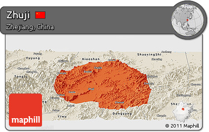Political Panoramic Map of Zhuji, shaded relief outside
