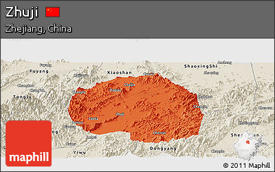 Political Panoramic Map of Zhuji, shaded relief outside