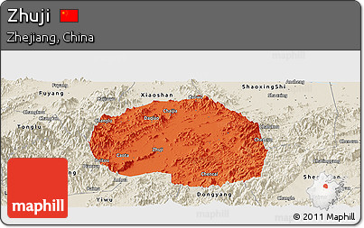 Political Panoramic Map of Zhuji, shaded relief outside