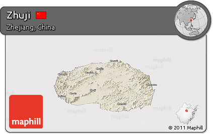 Shaded Relief Panoramic Map of Zhuji, cropped outside