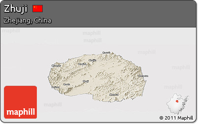 Shaded Relief Panoramic Map of Zhuji, cropped outside