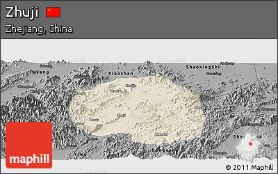 Shaded Relief Panoramic Map of Zhuji, darken, desaturated