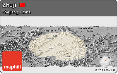 Shaded Relief Panoramic Map of Zhuji, darken, desaturated