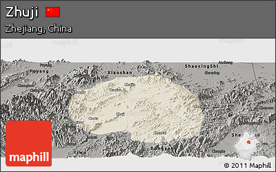 Shaded Relief Panoramic Map of Zhuji, darken, semi-desaturated