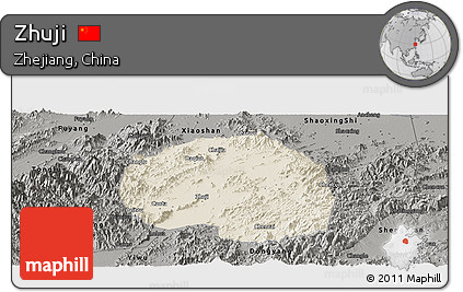 Shaded Relief Panoramic Map of Zhuji, darken, semi-desaturated