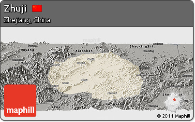 Shaded Relief Panoramic Map of Zhuji, darken, semi-desaturated