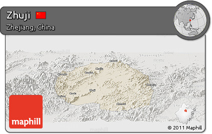Shaded Relief Panoramic Map of Zhuji, lighten, semi-desaturated