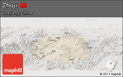 Shaded Relief Panoramic Map of Zhuji, lighten, semi-desaturated