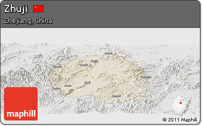 Shaded Relief Panoramic Map of Zhuji, lighten, semi-desaturated