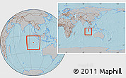 Gray Location Map of Cocos (Keeling) Islands, within the entire continent, hill shading