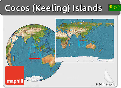 Satellite Location Map of Cocos (Keeling) Islands, within the entire continent
