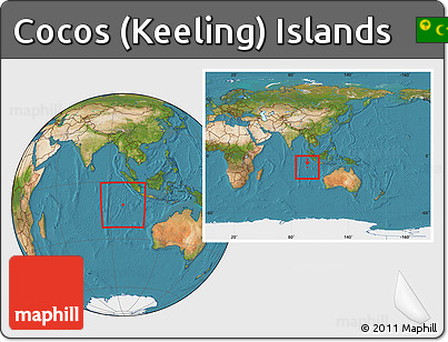 Satellite Location Map of Cocos (Keeling) Islands, within the entire continent