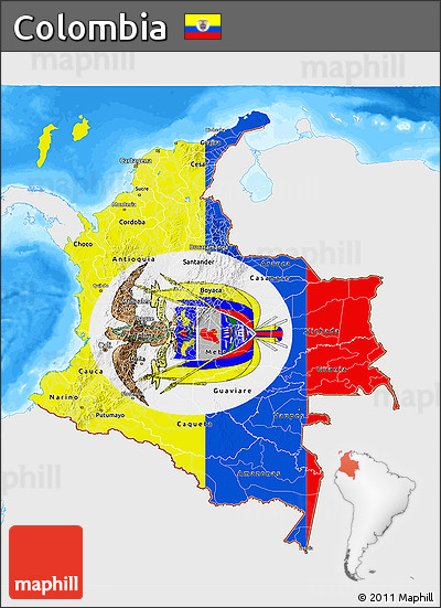 Flag 3D Map of Colombia, single color outside, bathymetry sea, flag rotated