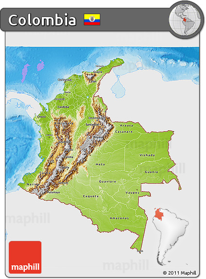 Physical 3D Map of Colombia, single color outside